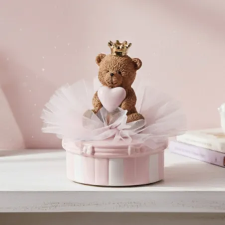 Bomboniera Battesimo Carillon Orsetto Teddy Brown con Corona Dorata e Cuore Rosa