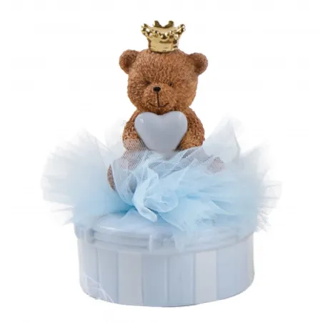 Bomboniera Battesimo Carillon Orsetto Teddy Brown con Corona Dorata e Cuore Celeste