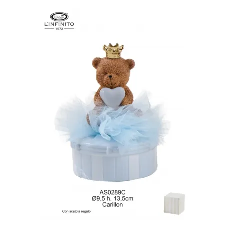 Bomboniera Battesimo Carillon Orsetto Teddy Brown con Corona Dorata e Cuore Celeste