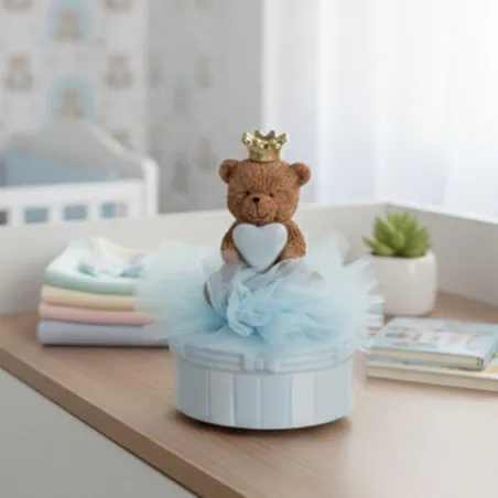 Bomboniera Battesimo Carillon Orsetto Teddy Brown con Corona Dorata e Cuore Celeste